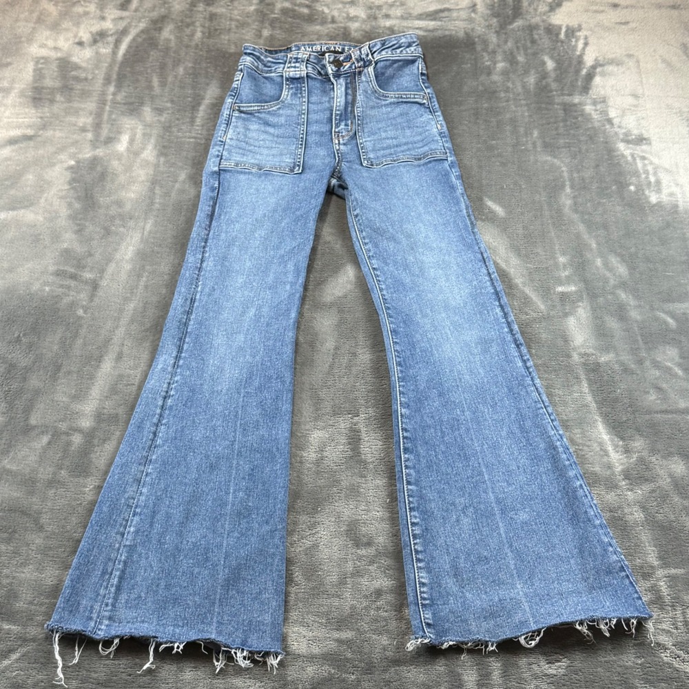 American Eagle Super Hi-Rise Flare Jeans Blue Ne(x)t Level Stretch Size 00 Reg